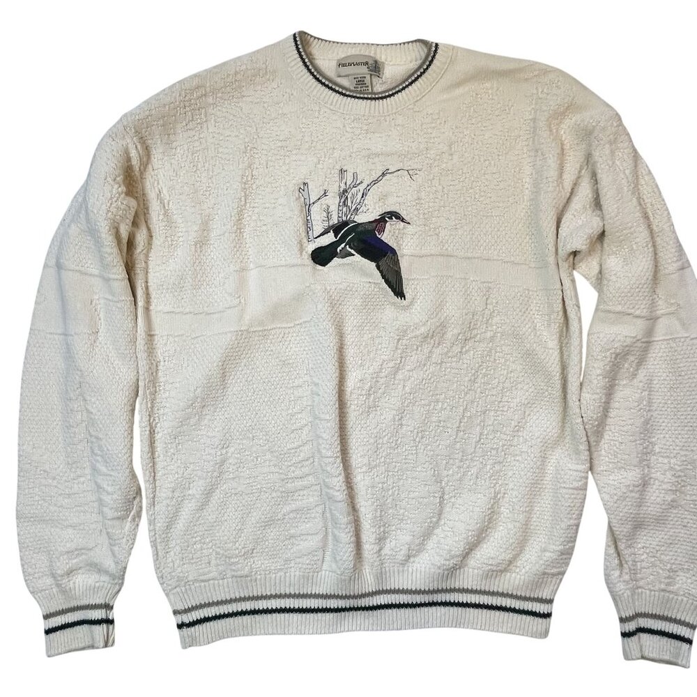 Vintage Men's Fieldmaster Waffle Knit Sweater Duck Embroidery Size Large Grandpa